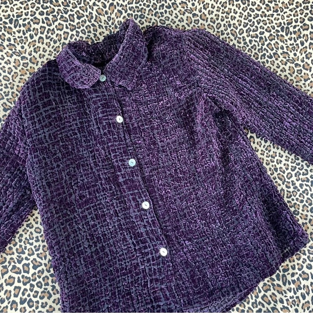 Vintage Shoulder Padded Button Down Top Velvety Sheer Whimsigoth Vamp Purple 80s
